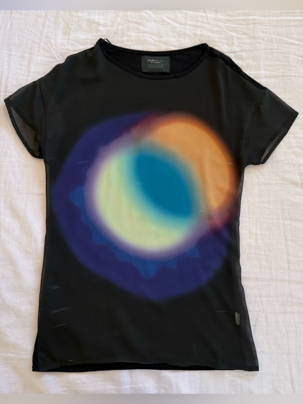 ZARA black  short sleeve tee with vibrant multicolour orb graphic